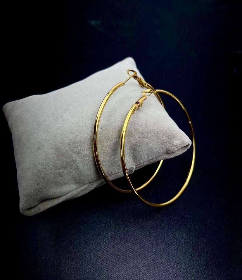 Steel Gold Hoop Earrings 7.5cm // EARRINGS-2915