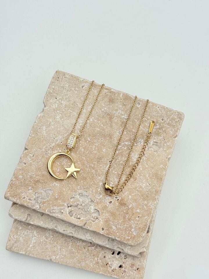 Steel Crescent Star Necklace 45cm // NECKLACE-5692