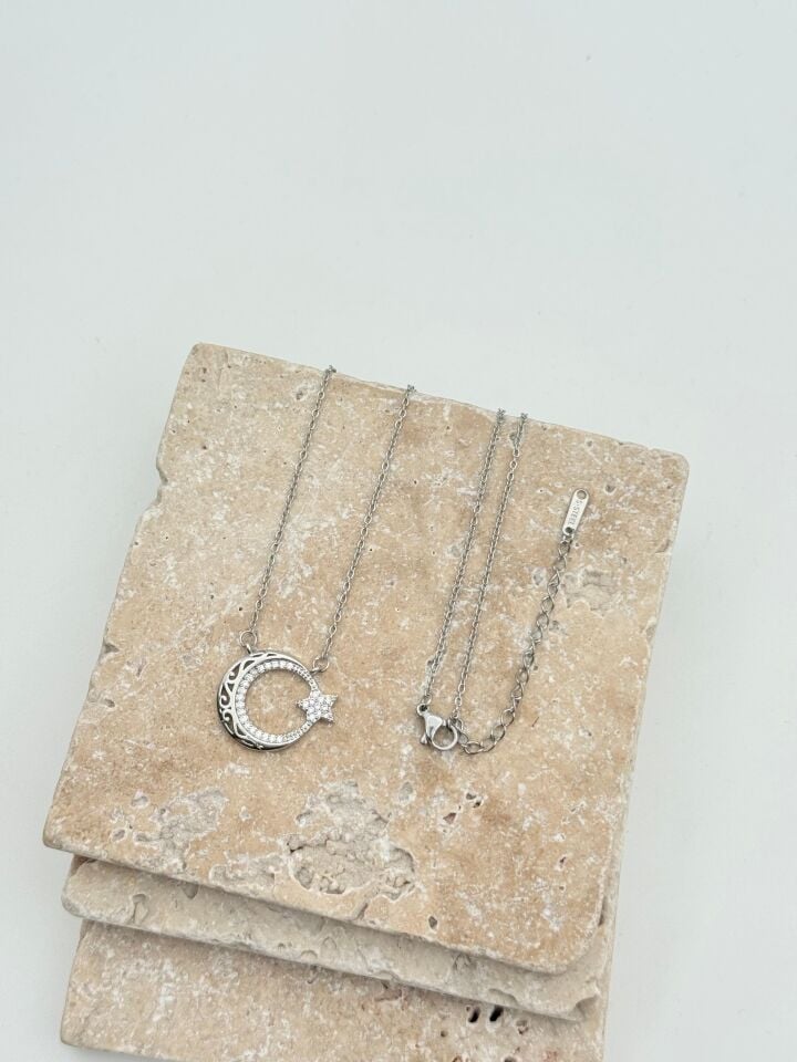 Steel Crescent Star Necklace 45cm // NECKLACE-5694