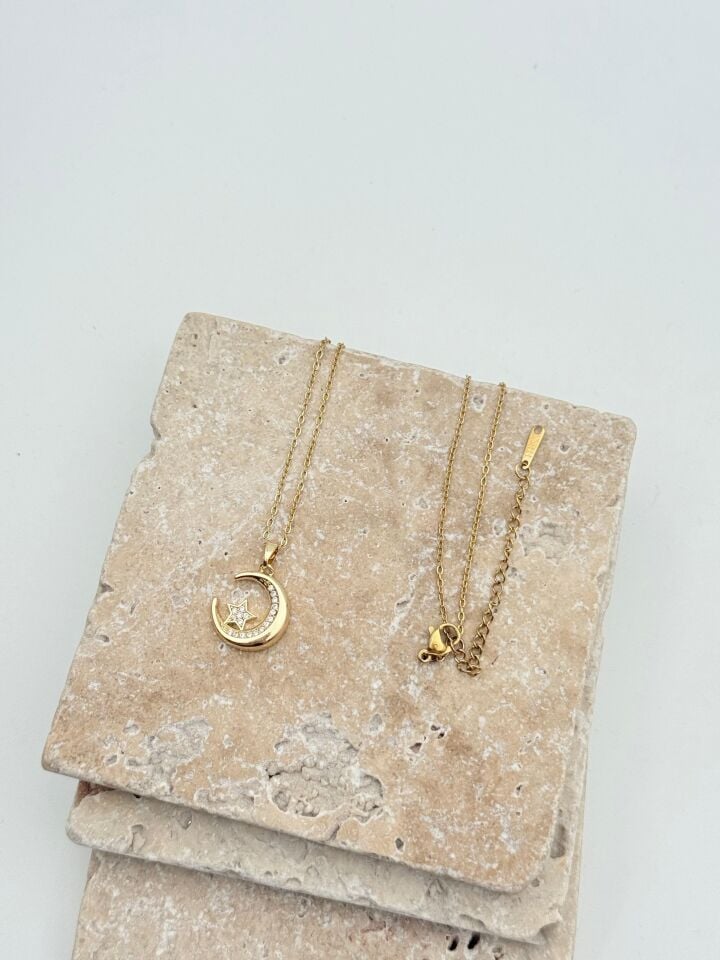 Steel Crescent Star Necklace 45cm // NECKLACE-5709