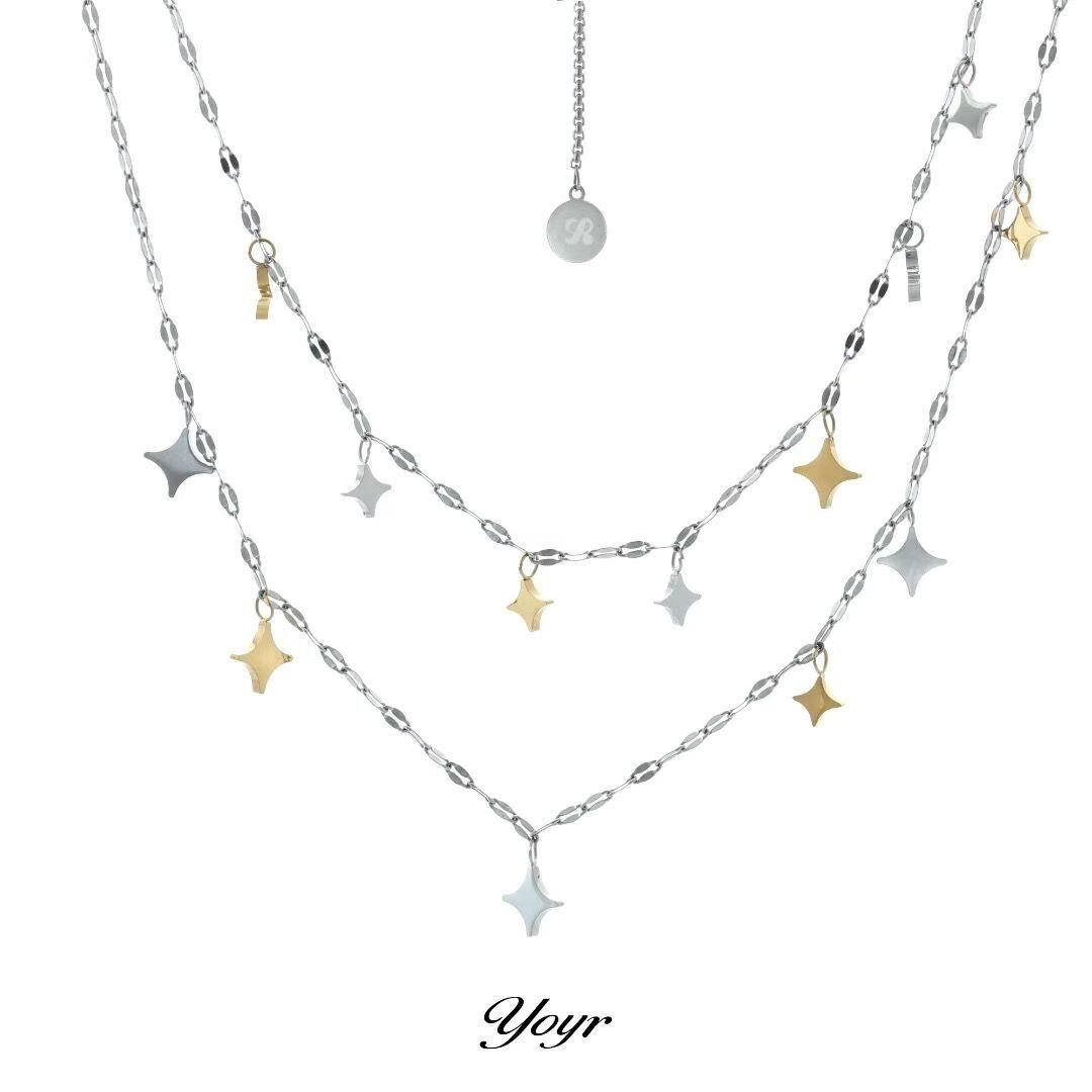 Çelik Yıldızlı Kombin Kolye 45cm // KOLYE-5726