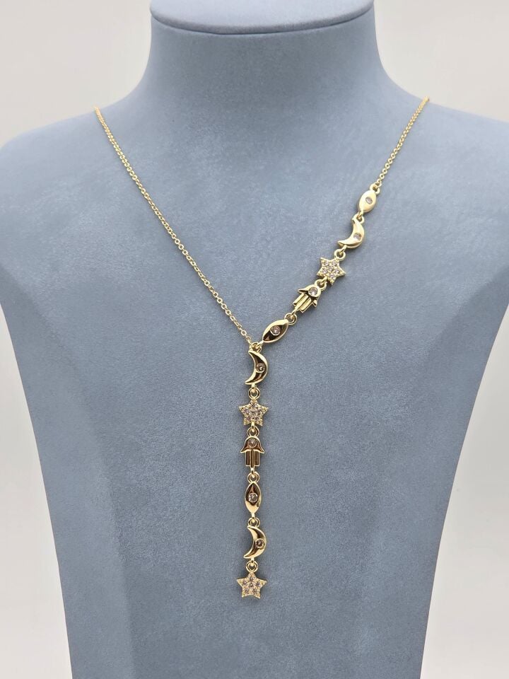 Çelik Ay Güneş Detaylı Y Model Kolye //KOLYE-6186