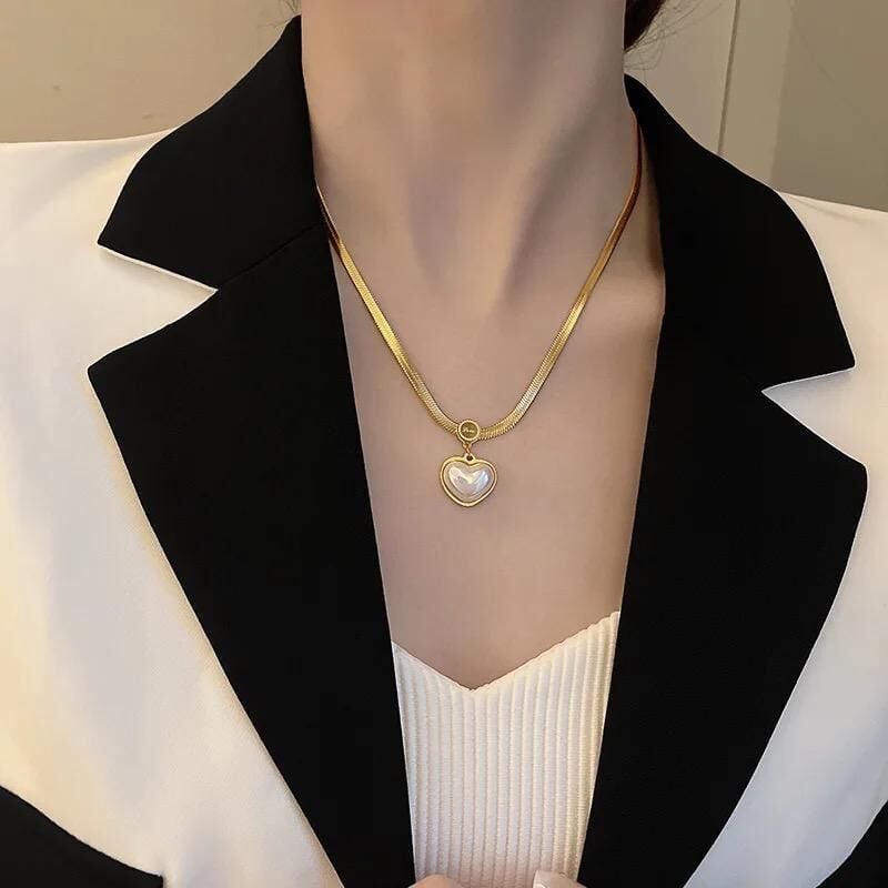 Steel Gold Pearl Heart Necklace