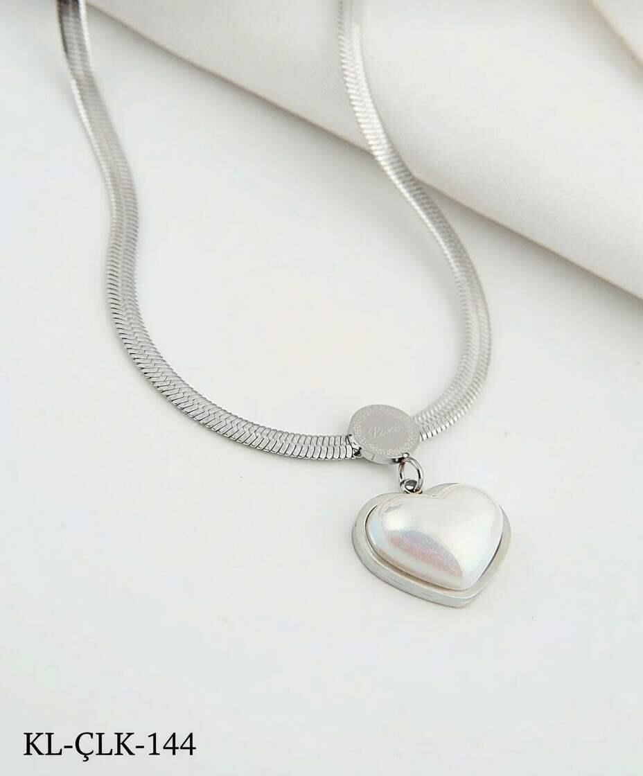 Çelik Silver İncili Kalp Kolye