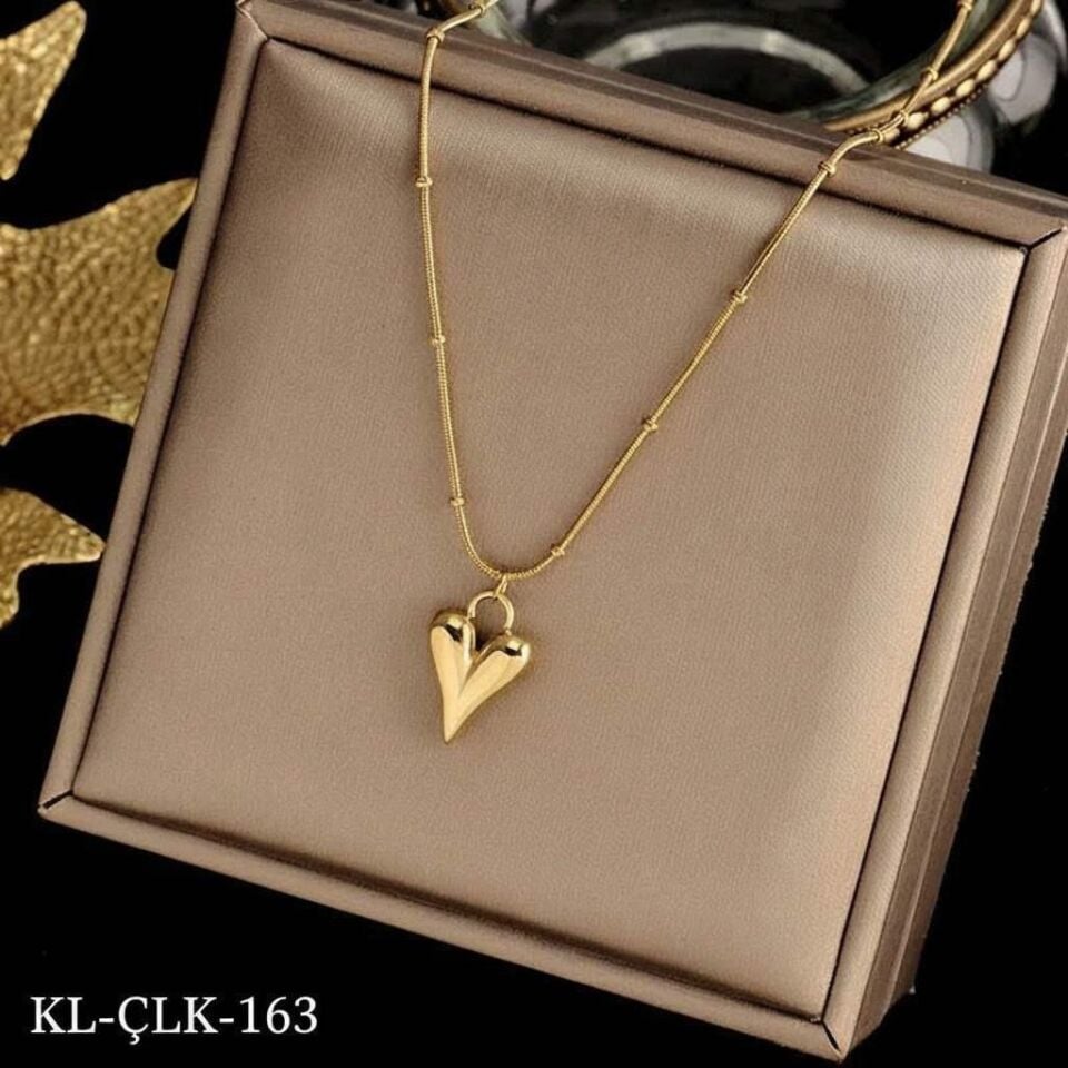 Çelik Kolye Dorikalı Kalp Kolye Gold 45 cm