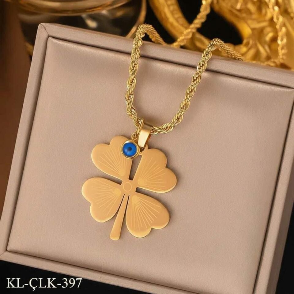 Steel Evil Eye Beaded Clover Necklace 60 cm