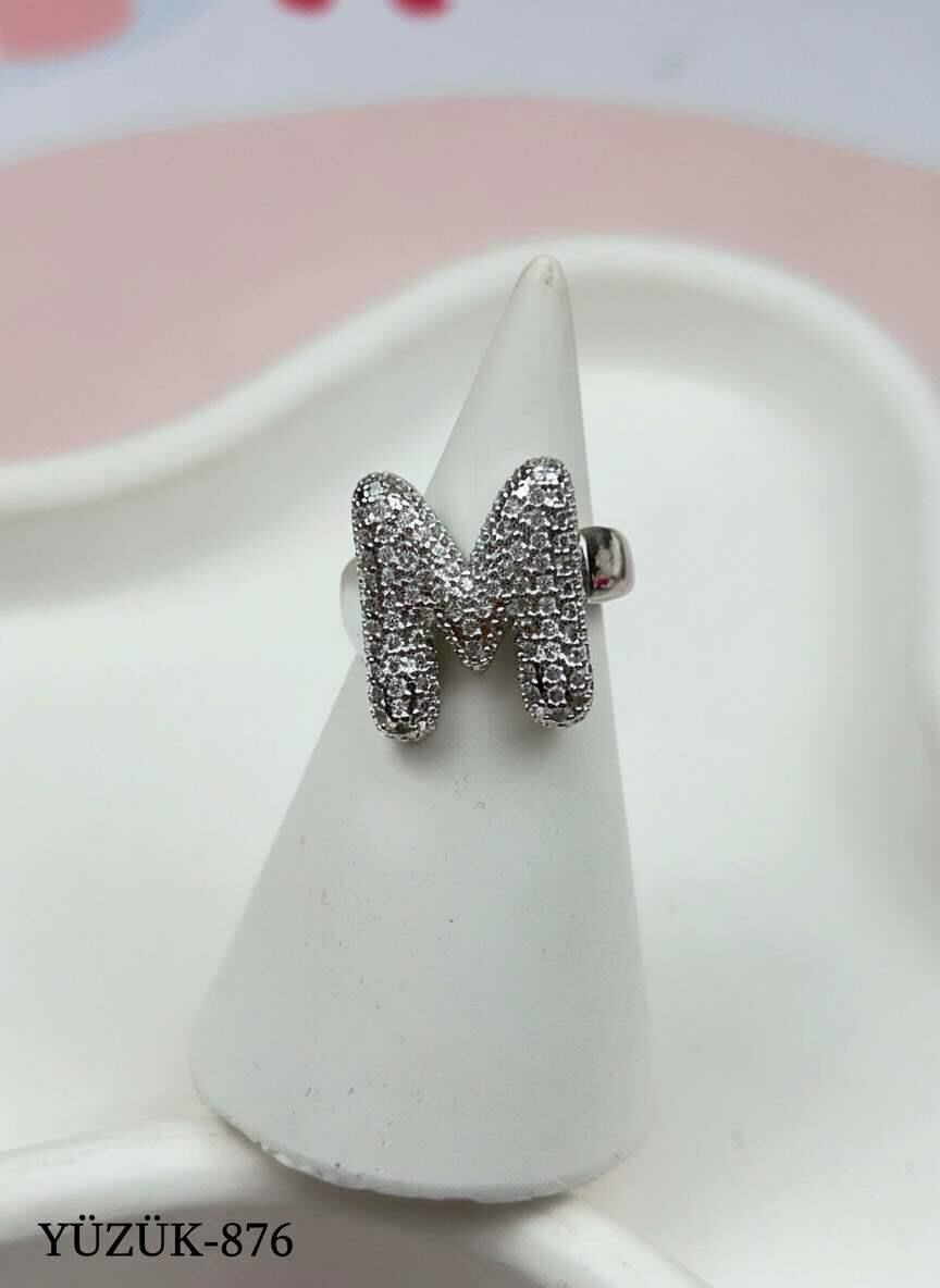 Çelik Taşlı Balon Harf Yüzük (Ayarlanabilir) // YÜZÜK-876