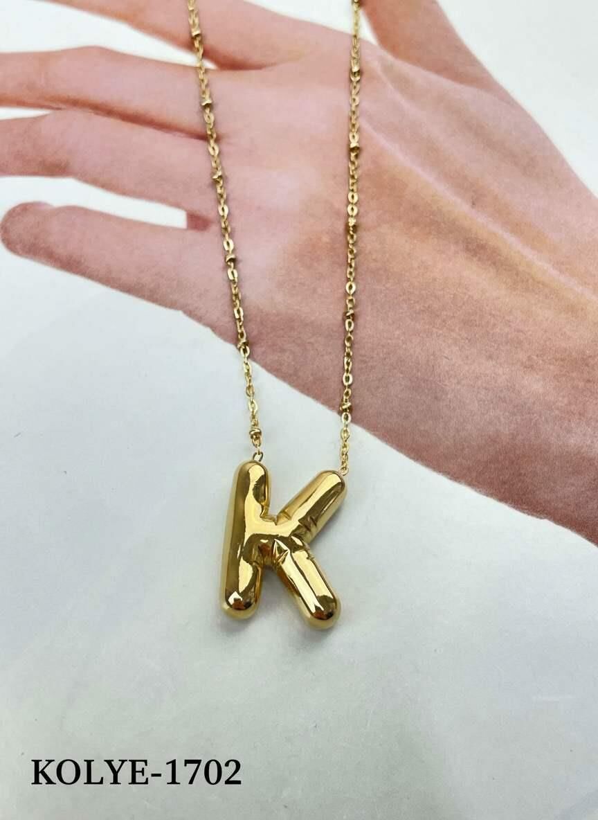 Çelik Balon Harf Kolye (K) 45cm Gold Renk // KOLYE-1702