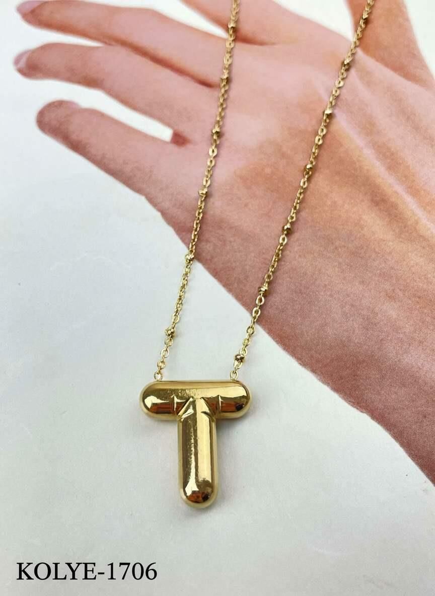 Çelik Balon Harf Kolye (T) 45cm Gold Renk // KOLYE-1706
