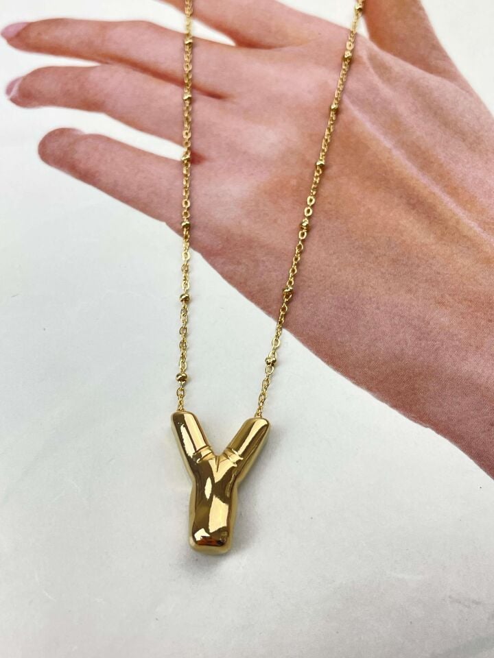 Steel Balloon Letter Necklace (Y) 45cm Gold Color // NECKLACE-1707