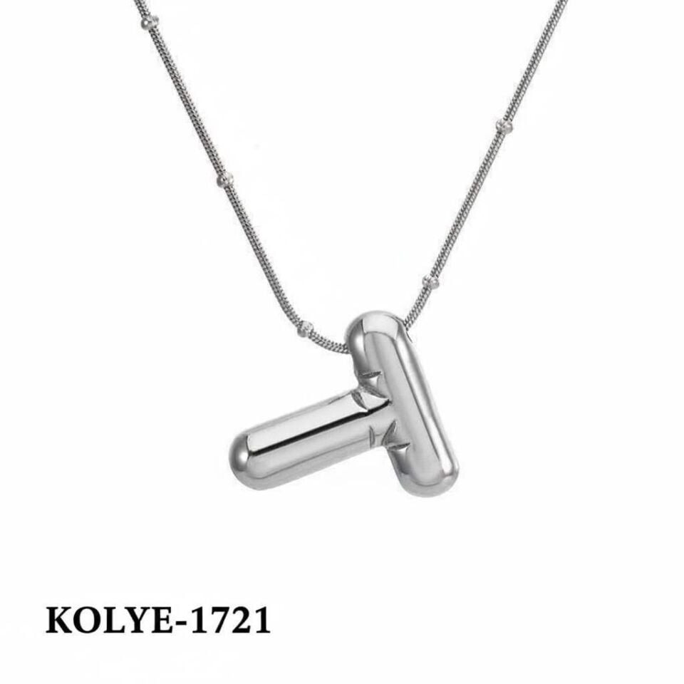 Çelik Balon Harf Kolye (T) 45cm Silver Renk // KOLYE-1721