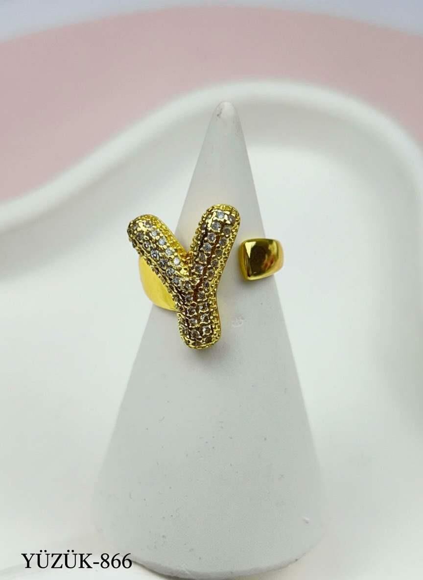 Çelik Taşlı Balon Harf Yüzük (Ayarlanabilir) // YÜZÜK-866