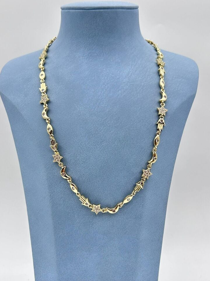 Çelik Ay Güneş Yıldız Detaylı Kolye 45cm // KOLYE-5573