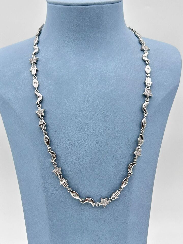 Çelik Ay Güneş Yıldız Detaylı Kolye 45cm // KOLYE-5577