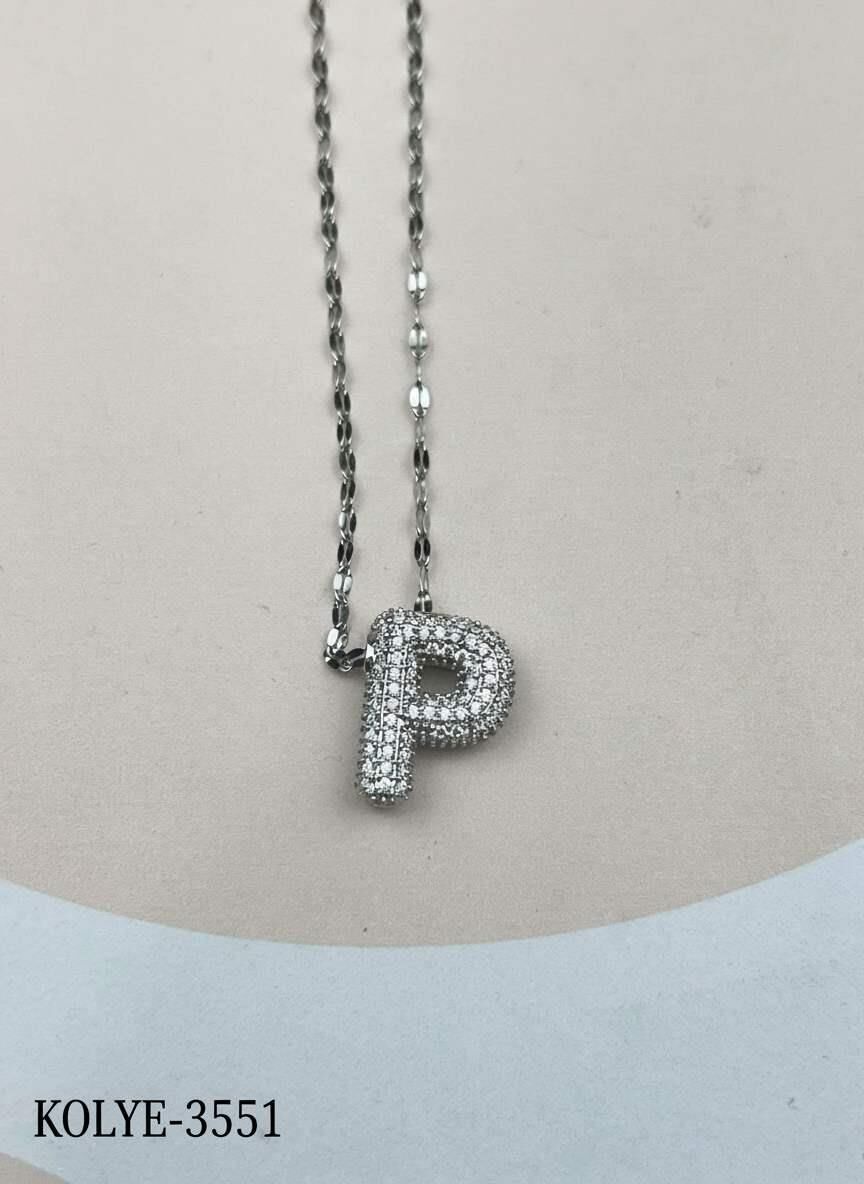 Çelik Silver Taşlı Balon Harf Kolye 45cm (P) // KOLYE-3551