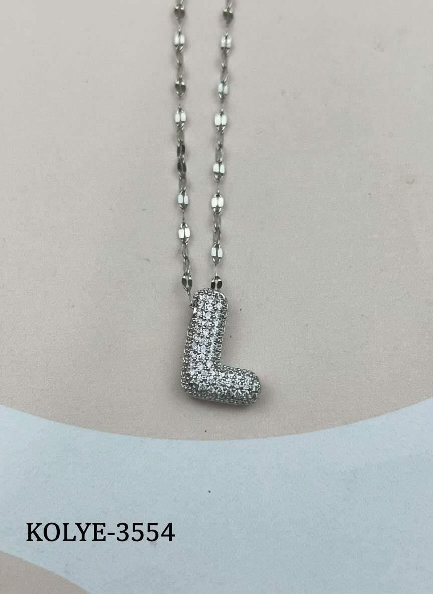 Çelik Silver Taşlı Balon Harf Kolye 45cm (L) // KOLYE-3554