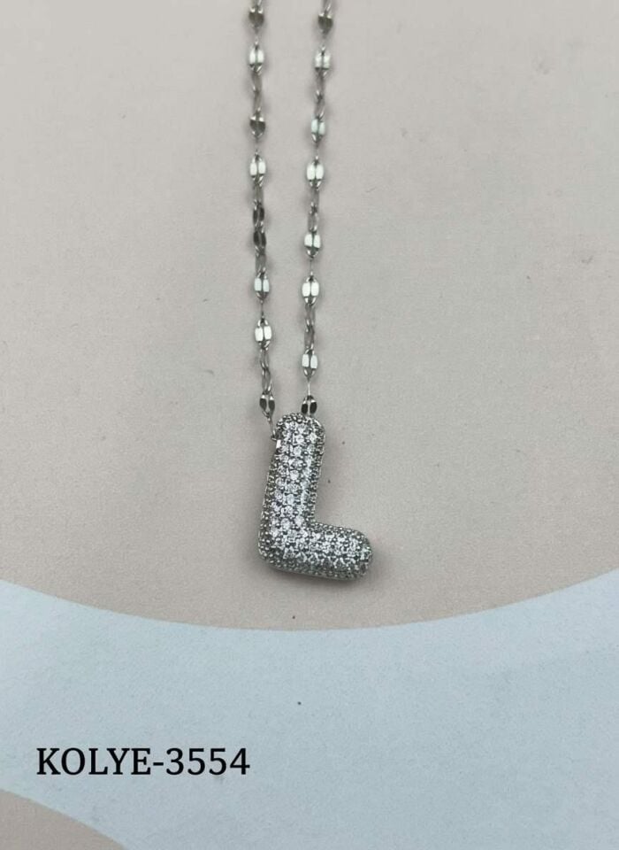 Çelik Silver Taşlı Balon Harf Kolye 45cm (L) // KOLYE-3554