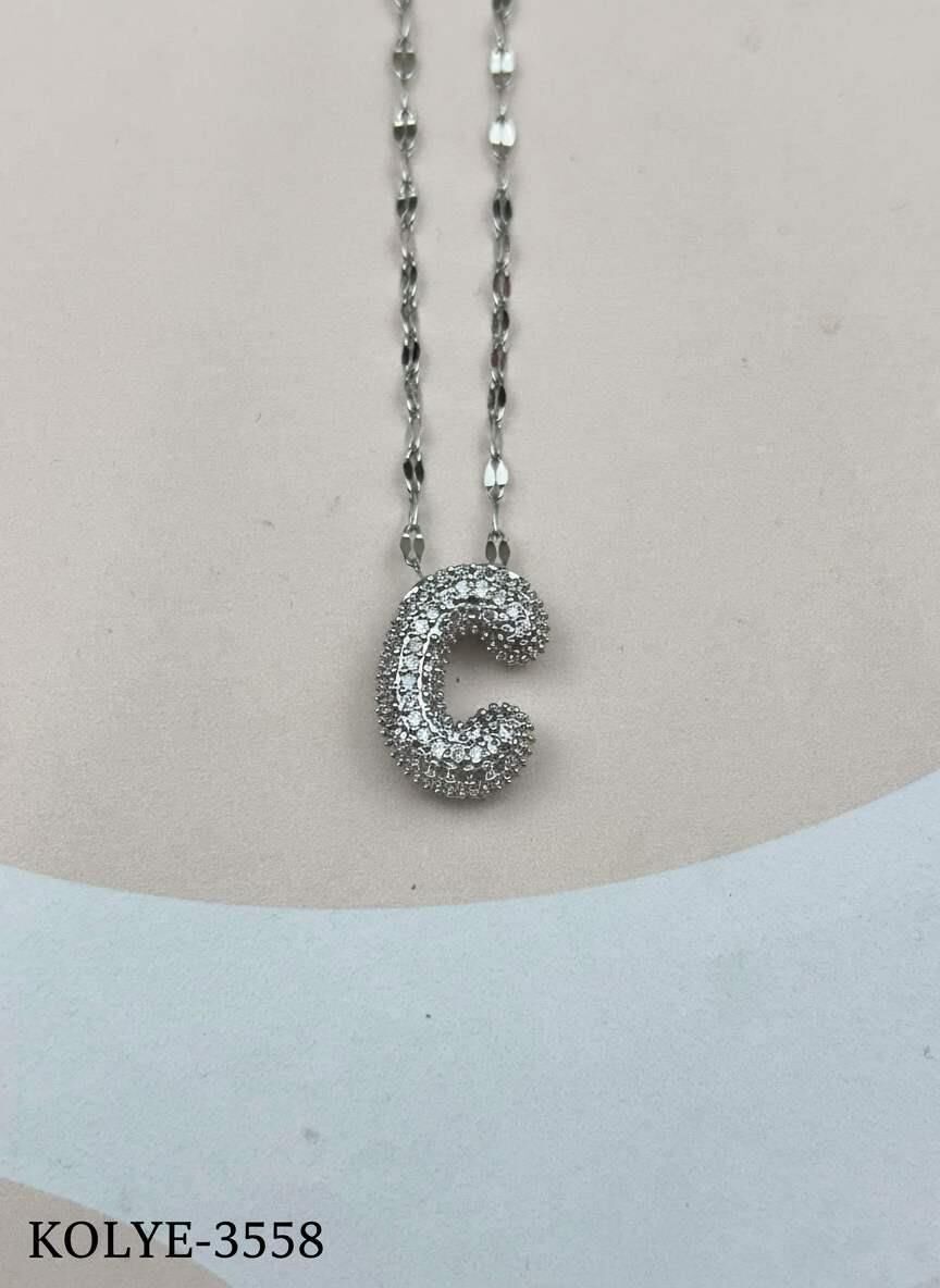 Çelik Silver Taşlı Balon Harf Kolye 45cm (C) // KOLYE-3558