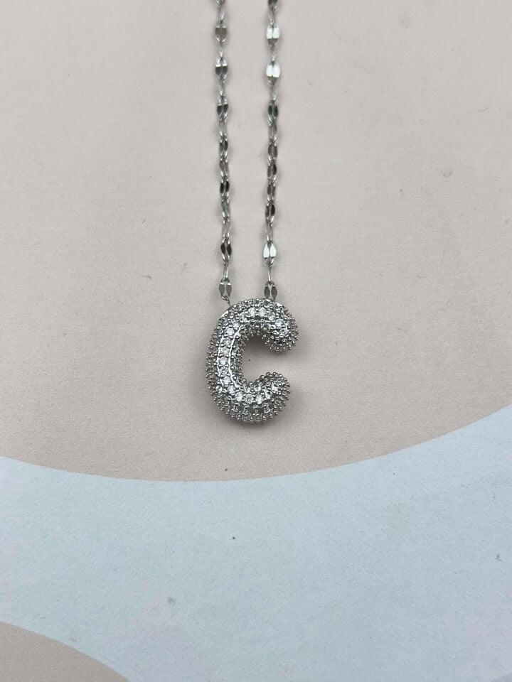 Steel Silver Stone Balloon Letter Necklace 45cm (C) // NECKLACE-3558