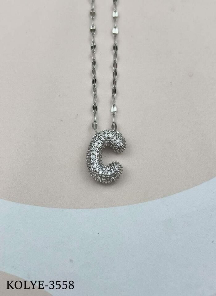 Çelik Silver Taşlı Balon Harf Kolye 45cm (C) // KOLYE-3558