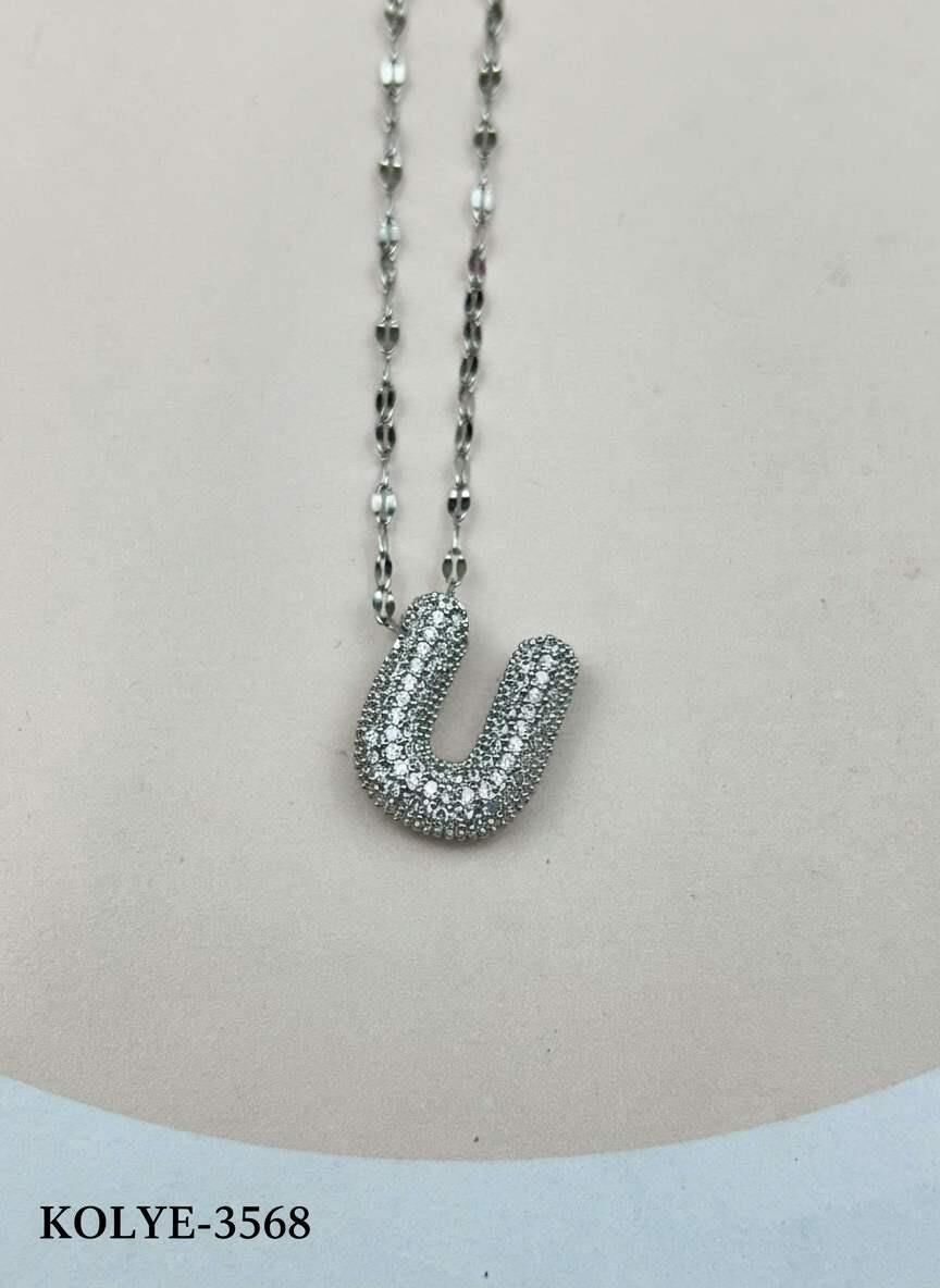 Steel Silver Stone Balloon Letter Necklace 45cm (L) // NECKLACE-3568