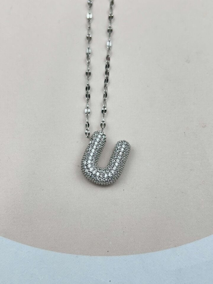 Steel Silver Stone Balloon Letter Necklace 45cm (L) // NECKLACE-3568