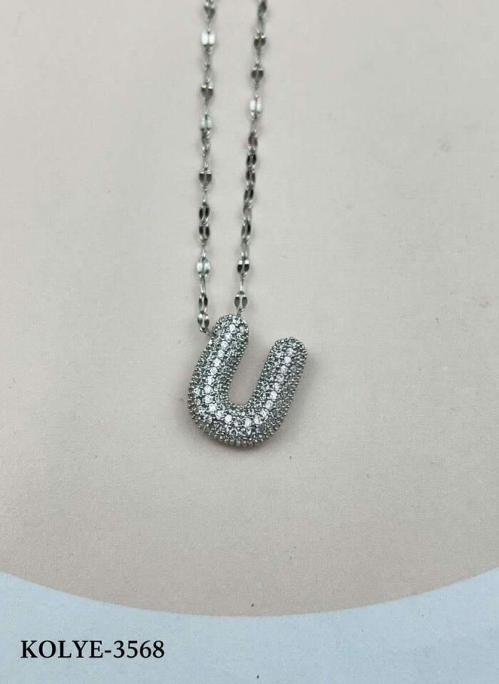 Çelik Silver Taşlı Balon Harf Kolye 45cm (U) // KOLYE-3568