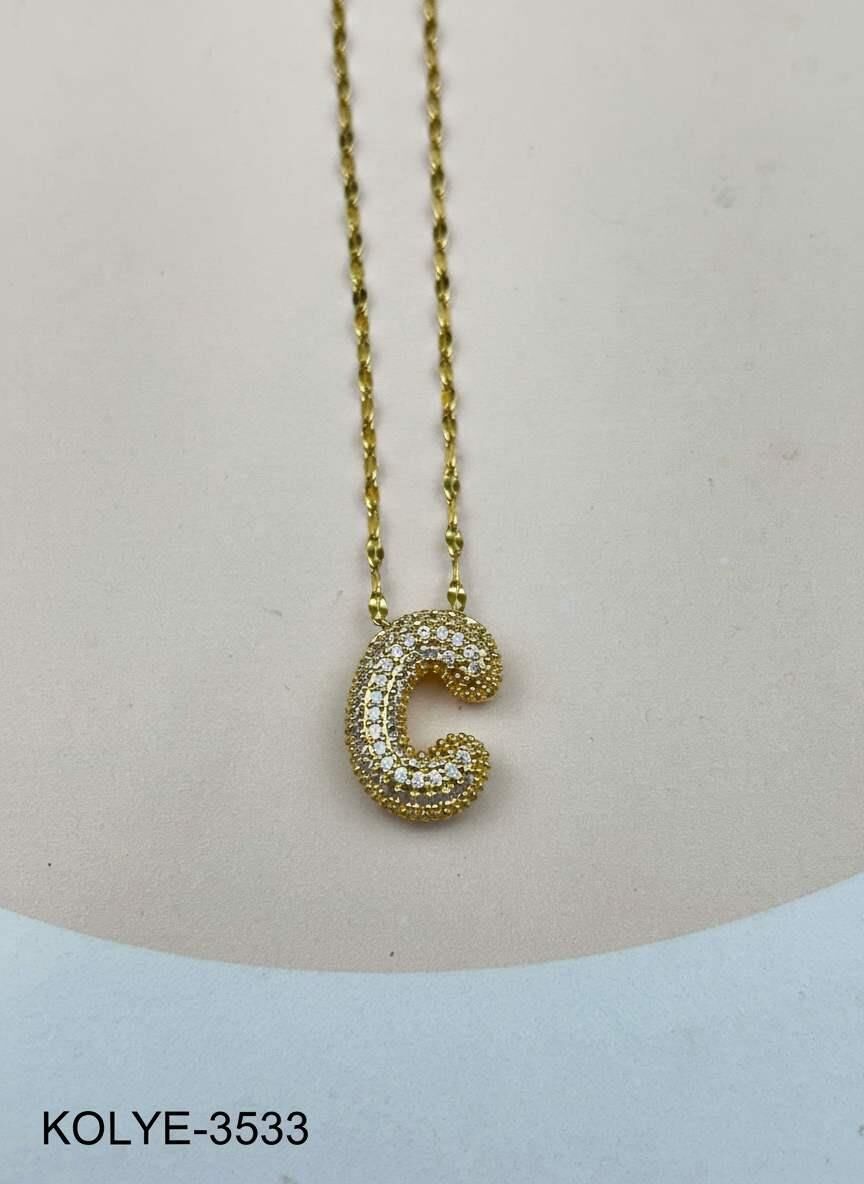 Çelik Gold Taşlı Balon Harf Kolye 45cm (C) // KOLYE-3533