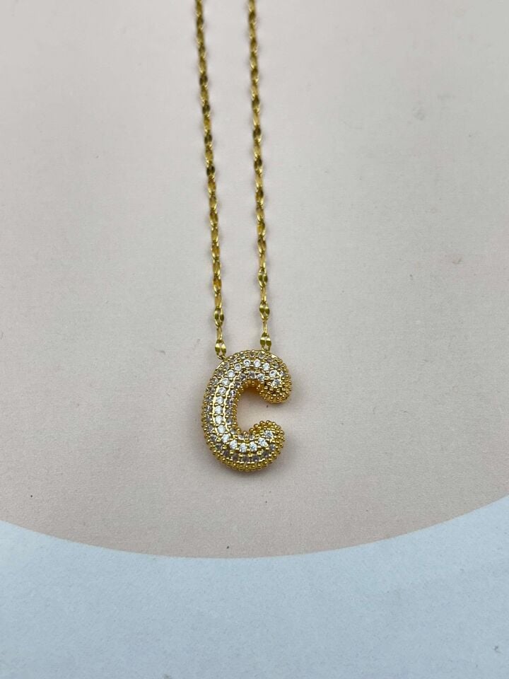 Steel Gold Stone Balloon Letter Necklace 45cm (C) // NECKLACE-3533