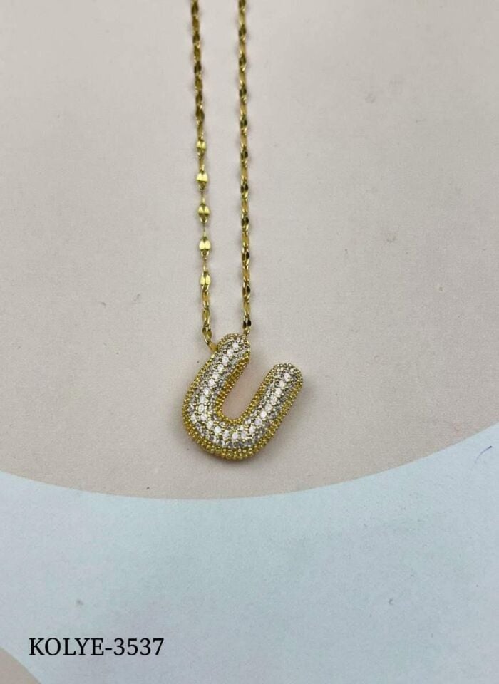 Çelik Gold Taşlı Balon Harf Kolye 45cm (U) // KOLYE-3537