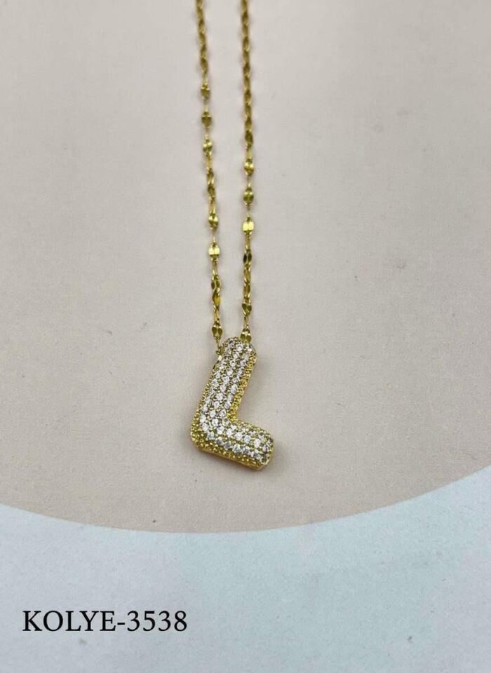 Çelik Gold Taşlı Balon Harf Kolye 45cm (L) // KOLYE-3538