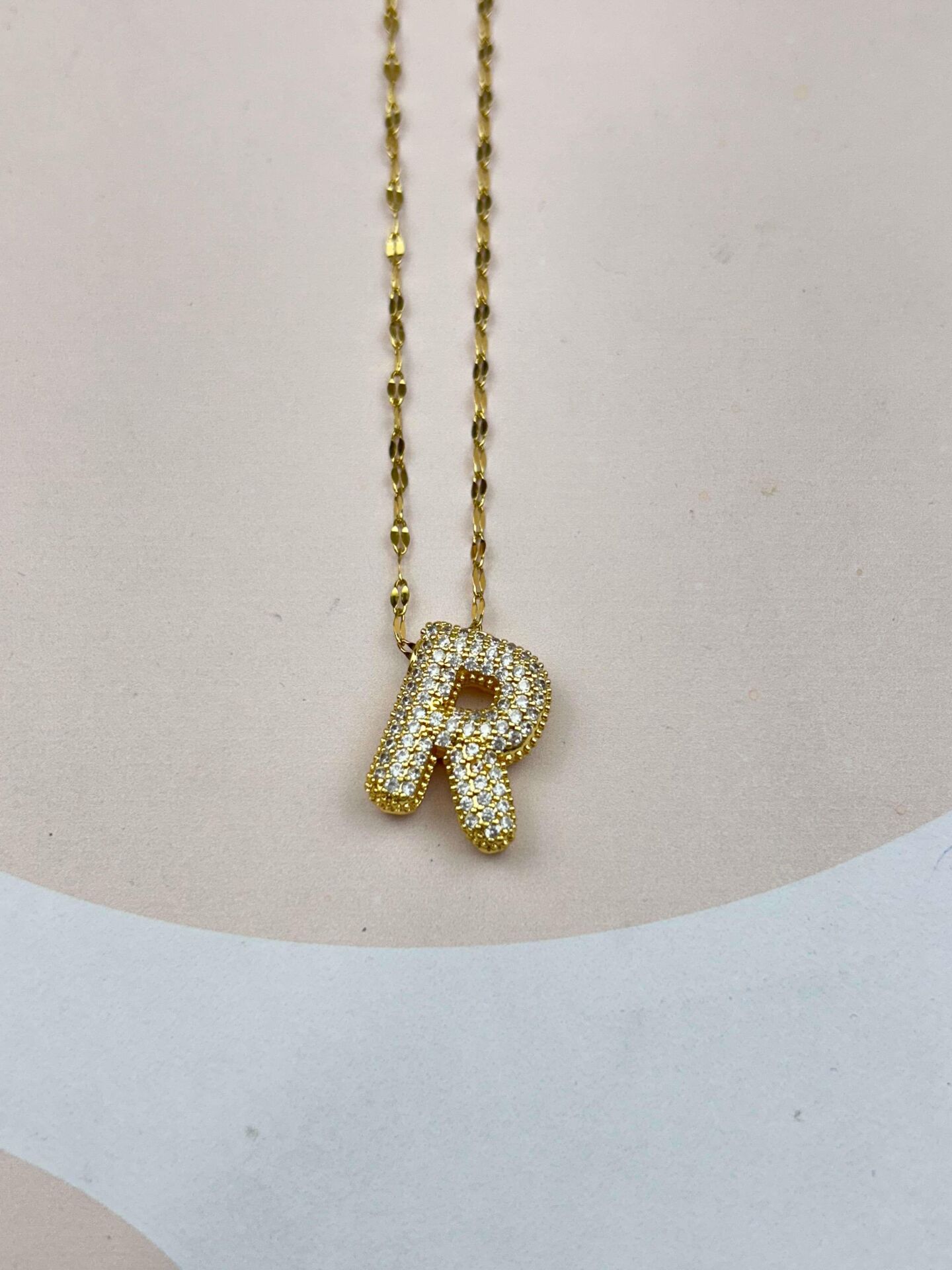 Steel Gold Stone Balloon Letter Necklace 45cm (R) // NECKLACE-3539