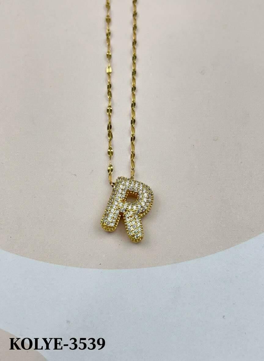 Çelik Gold Taşlı Balon Harf Kolye 45cm (R) // KOLYE-3539