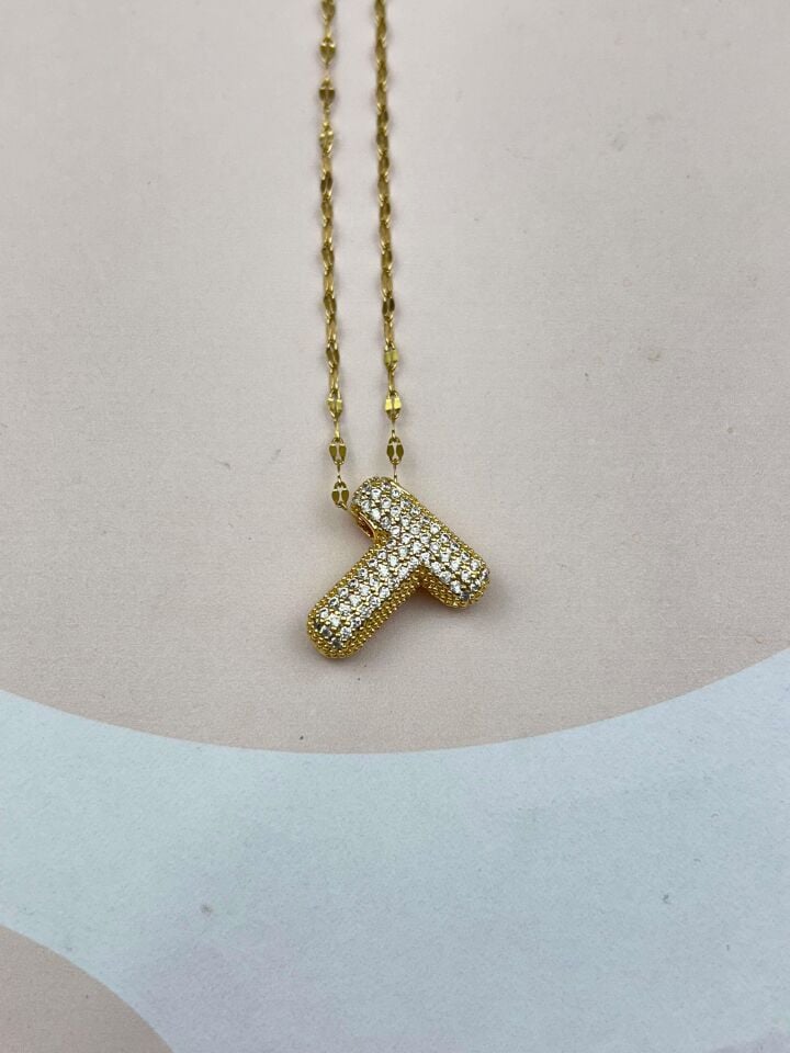 Steel Gold Stone Balloon Letter Necklace 45cm (T) // NECKLACE-3541