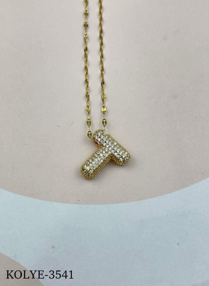 Çelik Gold Taşlı Balon Harf Kolye 45cm (T) // KOLYE-3541