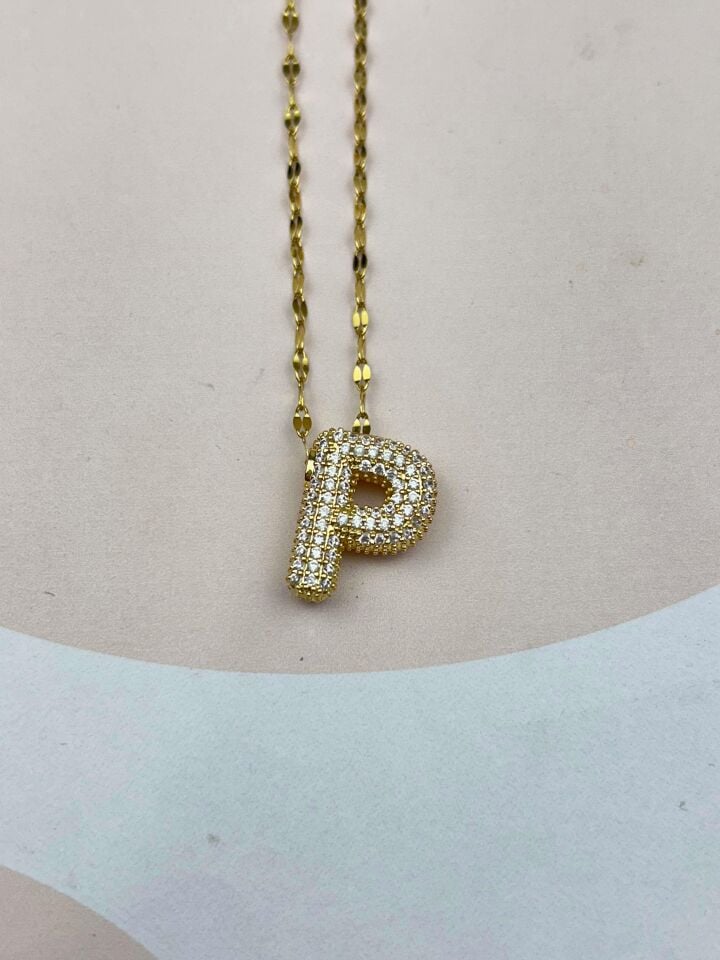 Steel Gold Stone Balloon Letter Necklace 45cm (P) // NECKLACE-3548