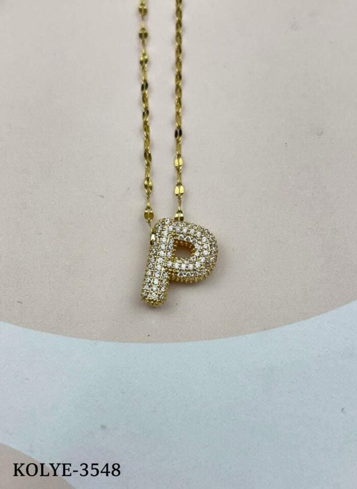 Çelik Gold Taşlı Balon Harf Kolye 45cm (P) // KOLYE-3548