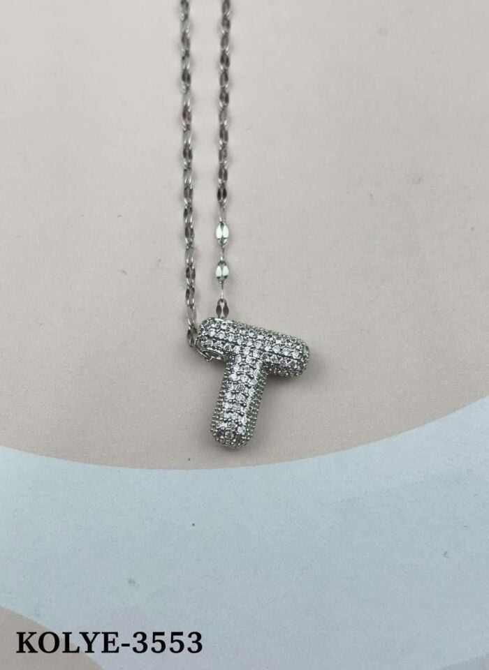 Çelik Silver Taşlı Balon Harf Kolye 45cm (T) // KOLYE-3553