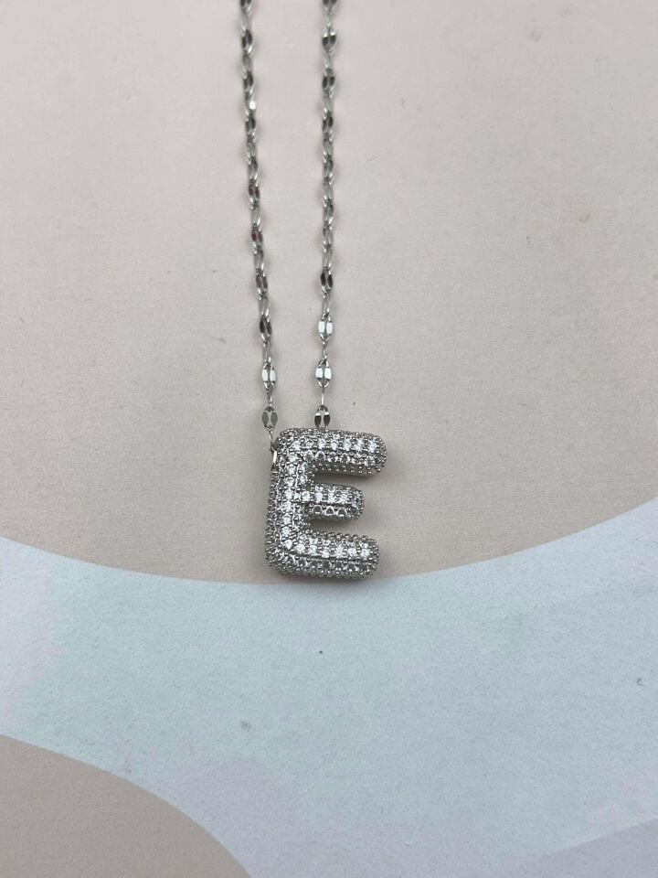 Steel Silver Stone Balloon Letter Necklace 45cm (E) // NECKLACE-3555