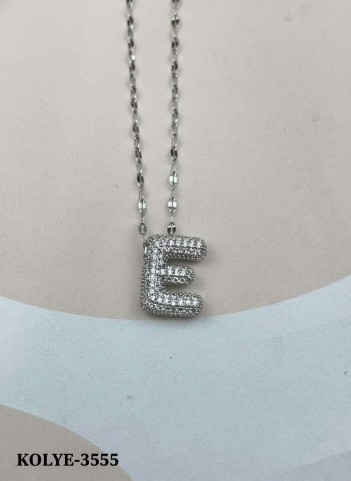Çelik Silver Taşlı Balon Harf Kolye 45cm (E) // KOLYE-3555
