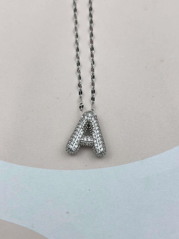 Stahl Silber Stein Ballon Buchstaben Halskette 45cm (A) // NECKLACE-3556