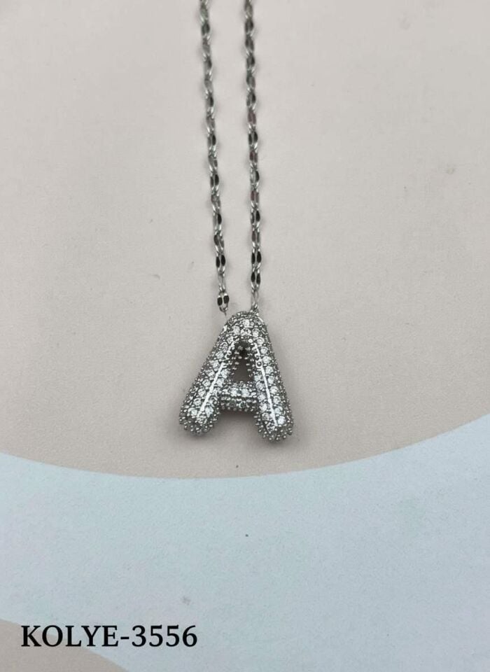 Çelik Silver Taşlı Balon Harf Kolye 45cm (A) // KOLYE-3556