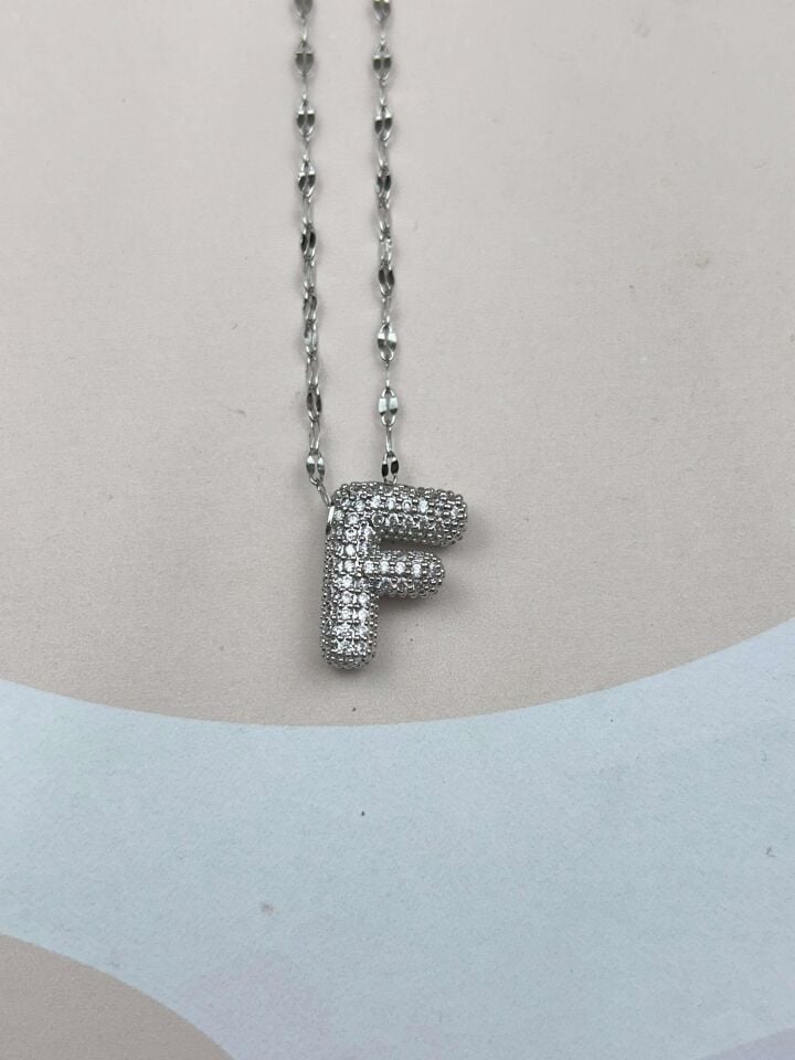 Steel Silver Stone Balloon Letter Necklace 45cm (F) // NECKLACE-3559