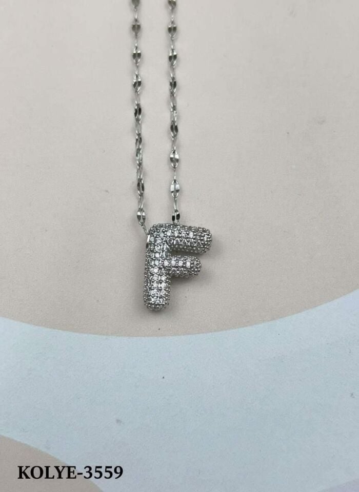 Çelik Silver Taşlı Balon Harf Kolye 45cm (F) // KOLYE-3559