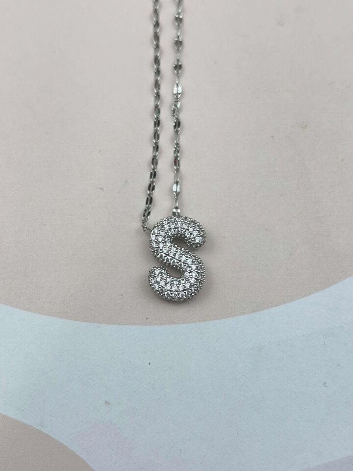 Çelik Silver Taşlı Balon Harf Kolye 45cm (S) // KOLYE-3560
