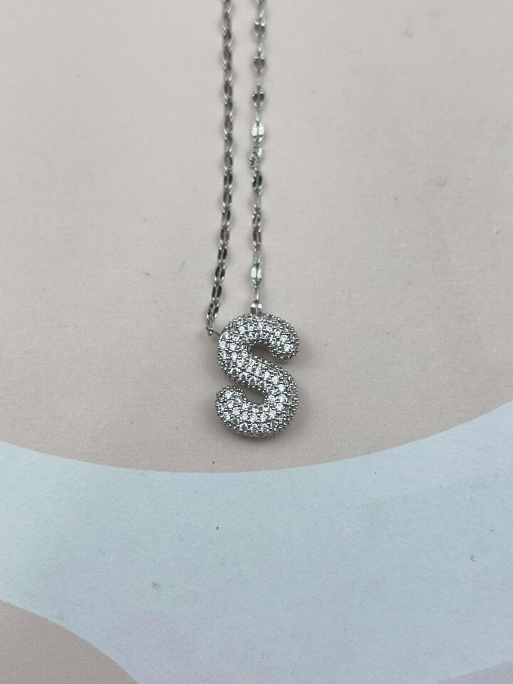 Çelik Silver Taşlı Balon Harf Kolye 45cm (S) // KOLYE-3560