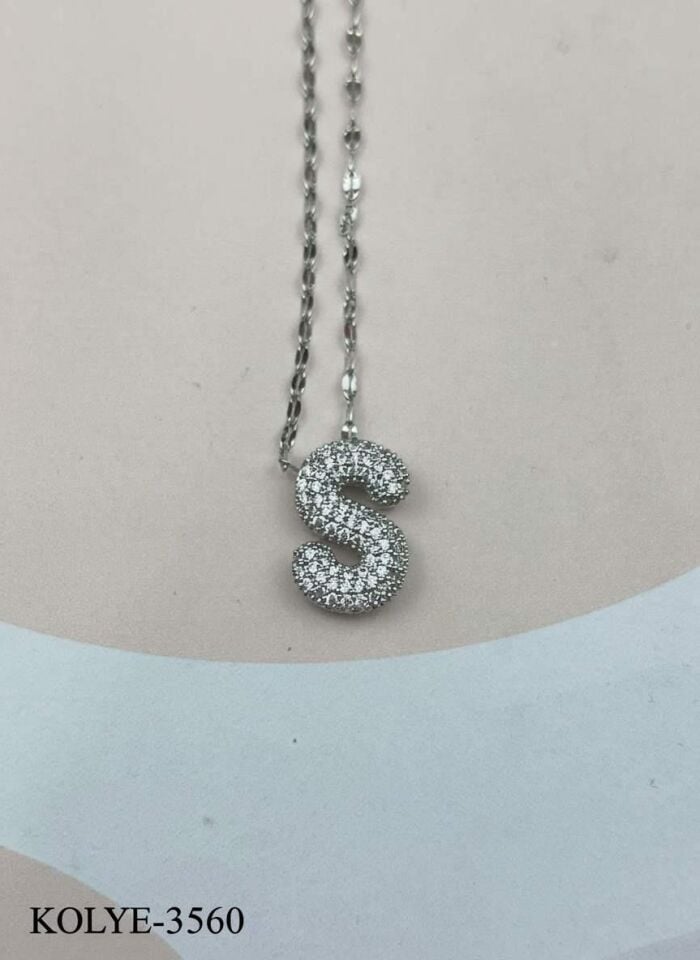 Çelik Silver Taşlı Balon Harf Kolye 45cm (S) // KOLYE-3560