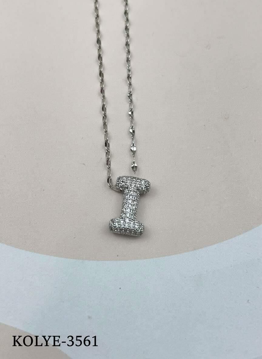 Çelik Silver Taşlı Balon Harf Kolye 45cm (I) // KOLYE-3561