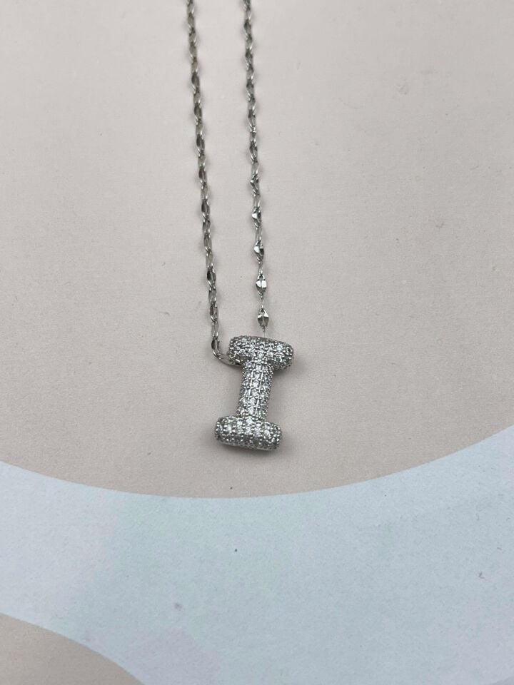Steel Silver Stone Balloon Letter Necklace 45cm (I) // NECKLACE-3561