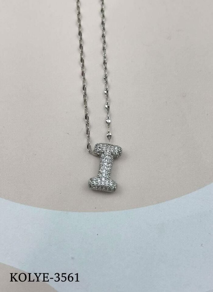 Çelik Silver Taşlı Balon Harf Kolye 45cm (I) // KOLYE-3561